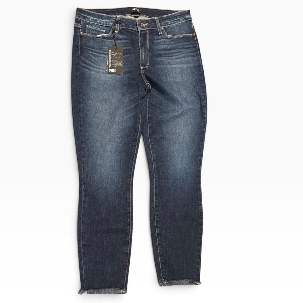 NWT Paige Hoxton Ankle High Rise Skinny Jeans Dark Wash Raw Hem Size 31 Stretch